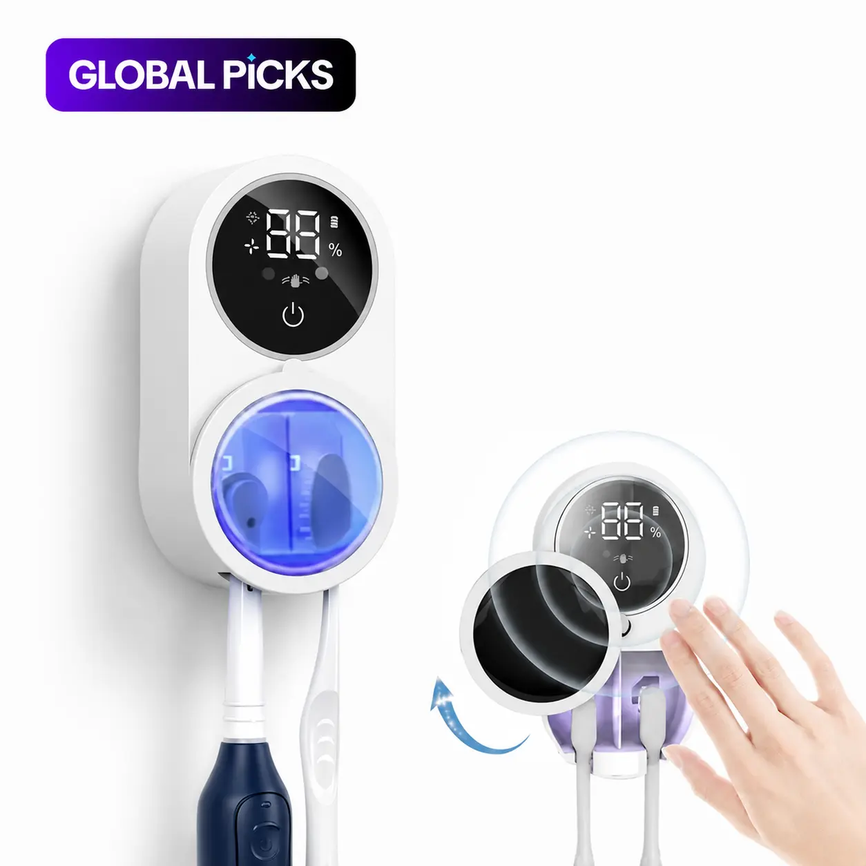 UV-C Light Sanitizing Smart Wall-Mounted Toothbrush Holder, Rechargeable with LED Screen, Lightweight ABS Durable Portable Modern Bathroom Storage Organizer Accessory