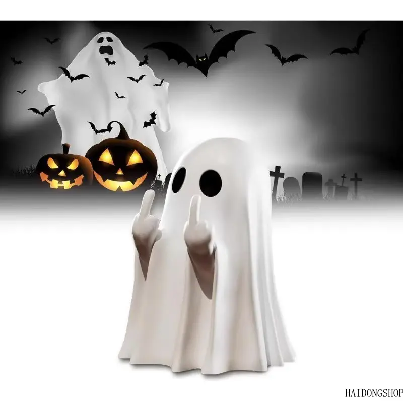 Spooky Funny Viral Halloween Cute Ghost Tabletop Figurine, Novelty Mini Statue With Middle Finger & Heart Detail, Weird Cute Statement Ornament For Desk Shelf Holiday Party Decor,personalize,bracelet,