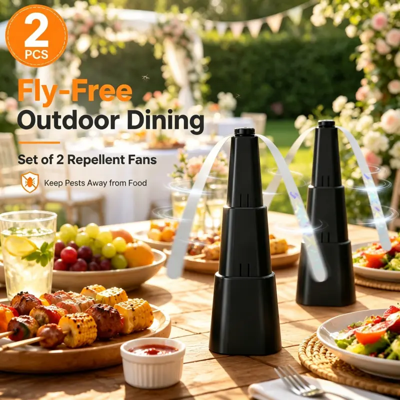 Fly-Free Outdoor Dining Repellent Fan 2 Pack Portable Table Insect Repeller With Shiny Reflective Strips Ideal For BBQ Picnic Garden Party