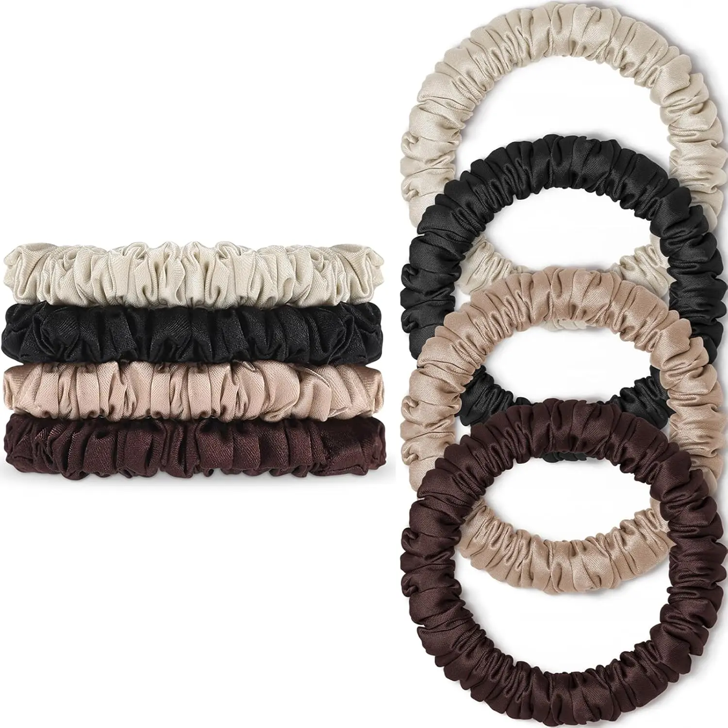 Scrunchies Hair Ties Silk Satin Scrunchy, Women 4PC Pure Mulberry Silk Skinny Elastic Scrunchies Hair Bands Bracelets Ponytail Holders Hair Accessories (Black,Brown,Champagne,Apricot)