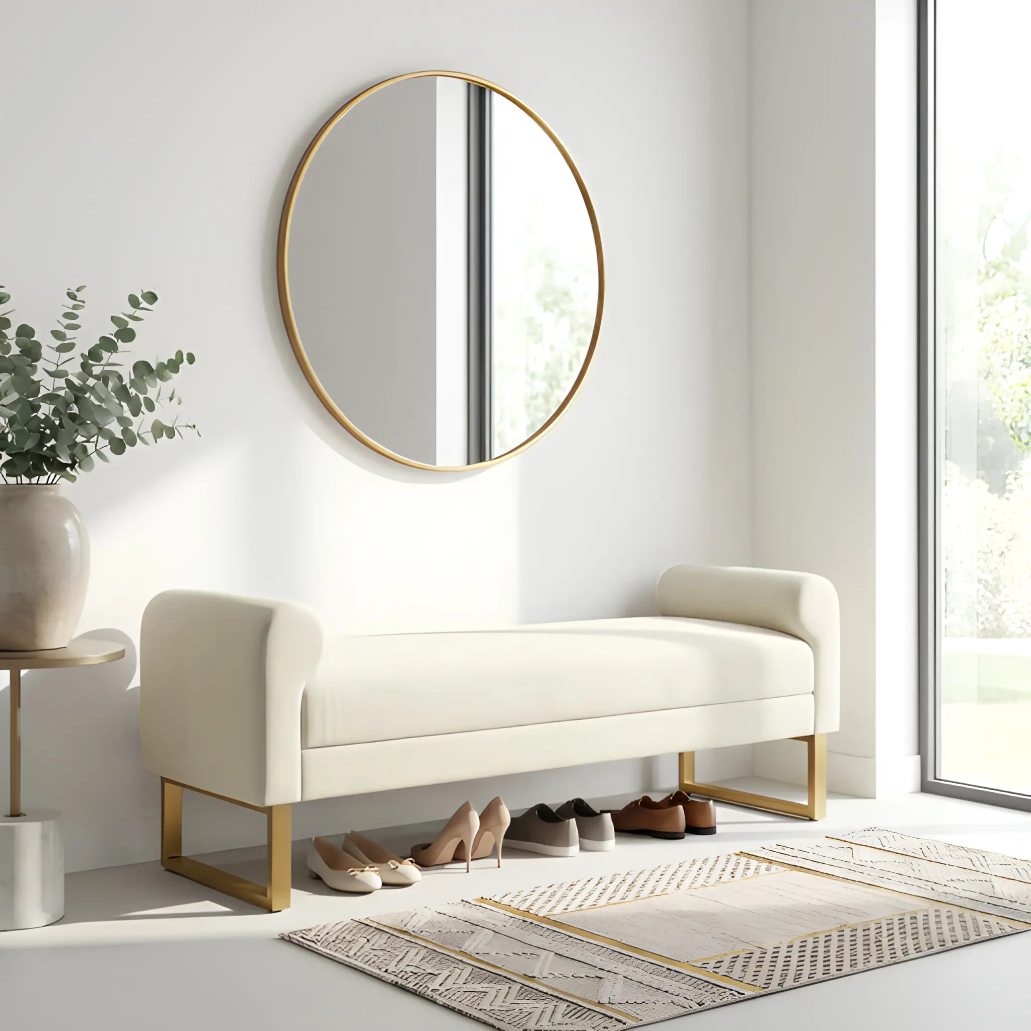 Nokaa 65 Inch Ottoman Bench with Arms, Upholstered Chenille Bench for Bedroom End of Bed, Modern Rectangular Bench with Gold Metal Legs, Multi-Purpose Footstool for Living Room Window Entryway, Beige, Beige Color Options, Metal/Wood+Fabric Material