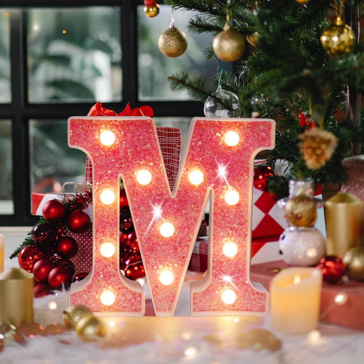 SUNDAY MIRTH LED Marquee Letter Lights, Light Up Pink Letters Glitter Alphabet Letter Sign Battery Powered for Night Light Birthday Party Wedding Girls Gifts Home Bar Christmas Decoration, Pink Letter A