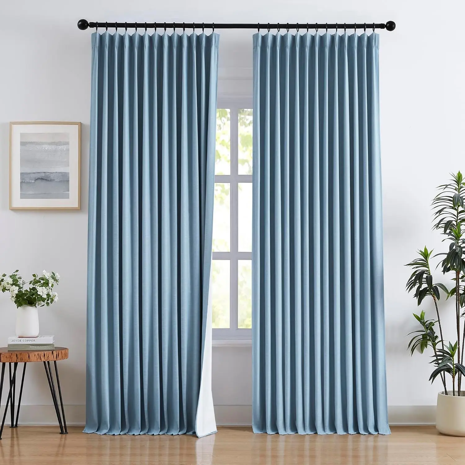Trained Pinch Pleated Curtains Blue 84 Inch Length Flax Linen Full Blackout Curtains for Living Room, 2 Layers Thermal Insulated Drapes for Bedroom with Back Tab 2 Panels 40"W x 84"L