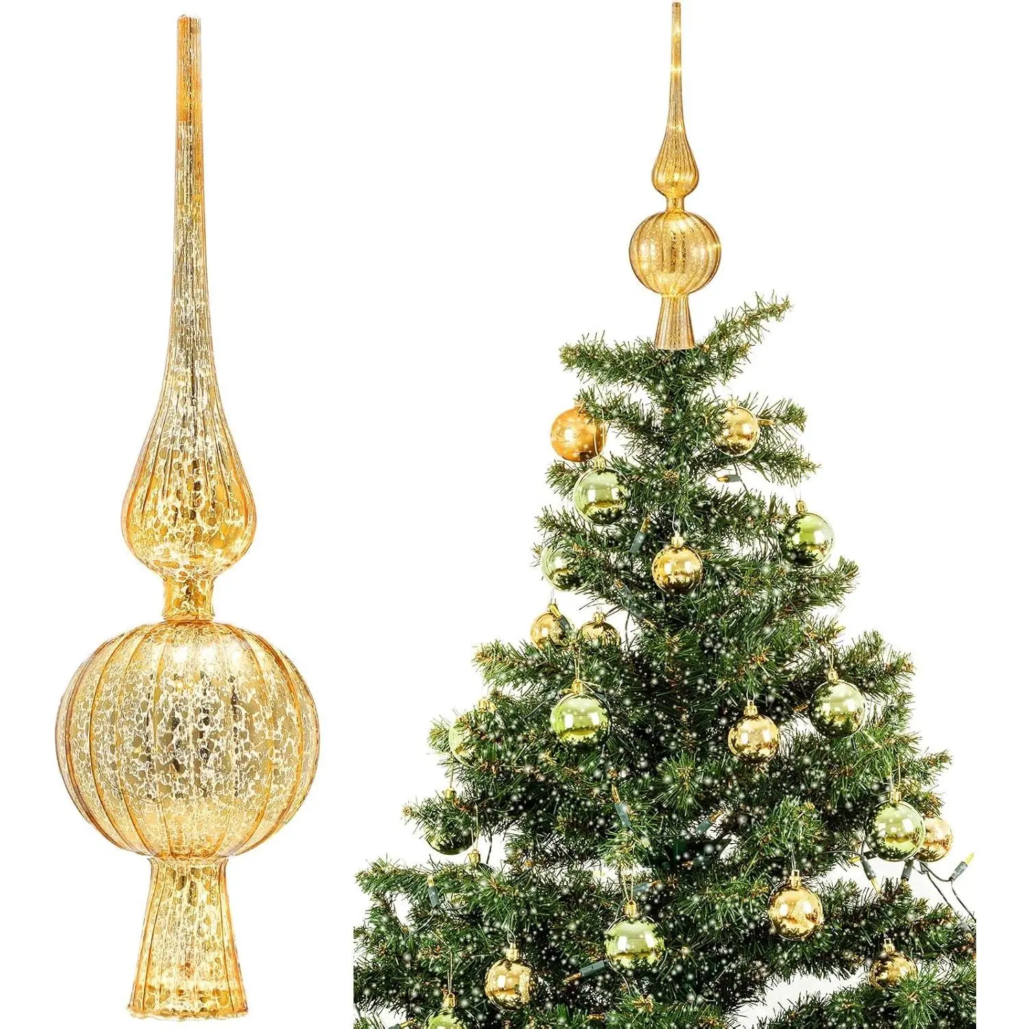 Mercury Glass Finial Christmas Tree Topper 12 Inches Vintage Spherical Xmas Tree Topper Mid Century Christmas Ornament for Home Xmas Holiday Party Decorations(Golden)