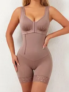 1 Count Women's Sexy Gentle Full Body Shaper, Fajas, Colombian Shapewear, High Compression Curves Bodysuit, Front Hooks Closure And Side Zipper Lace Trim Butt Lifting Romper Breathable Comfortable Jumpsuit, Ideal For Daily Wear & All Occasions