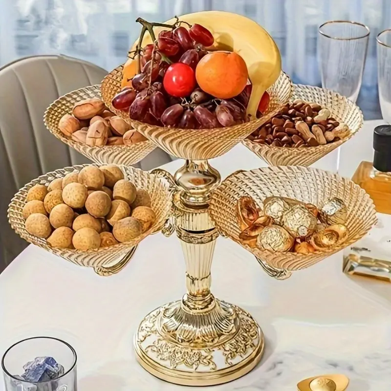 Rotatable European Luxury Golden Fruit Tray, 5 Compartment Snack Serving Platter, Multi-grid Nut Candy Display Bowl, High-End Table Decor Stand, Party Dessert Organizer Tray For Wedding Banquet Home Living Room Coffee Table Fruit Snack Storage