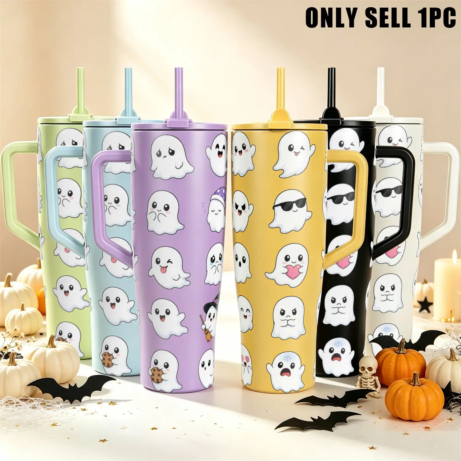 1pc 40oz Cute Halloween Insulated Mug Tumbler With Straw, Adorable Ghost Print Reusable Stainless Steel Tumbler, Portable Travel Gym Hydration Cup with Lid, Spooky Season Gift for Women Teen Girls Women's clothing