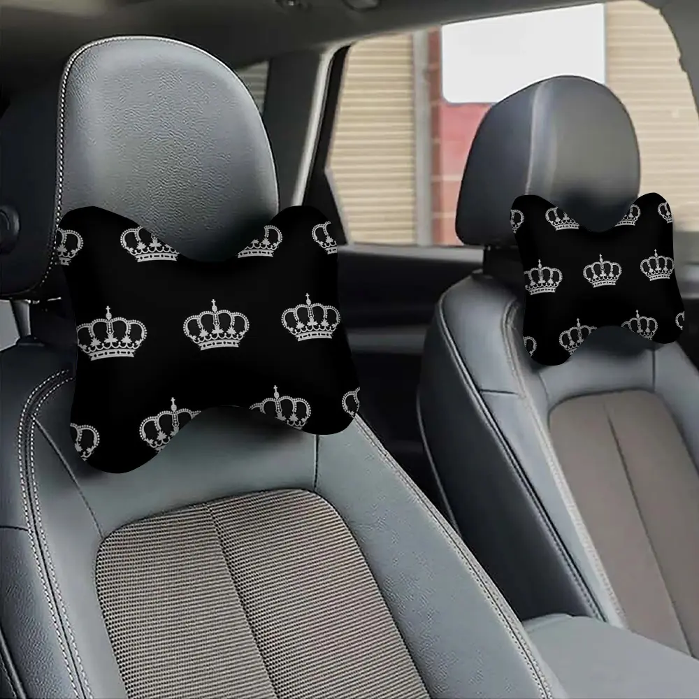 2pc Crown Print Car Headrest, Neck Pillow And Lumbar Support Pillow, Soft, Fluffy And Cozy, Universal for All Seasons, Suitable for Long-Distance Driving And Travel, Car Additions Seat Pullover Pillow, Warm Christmas Gift for Lovers And Friends