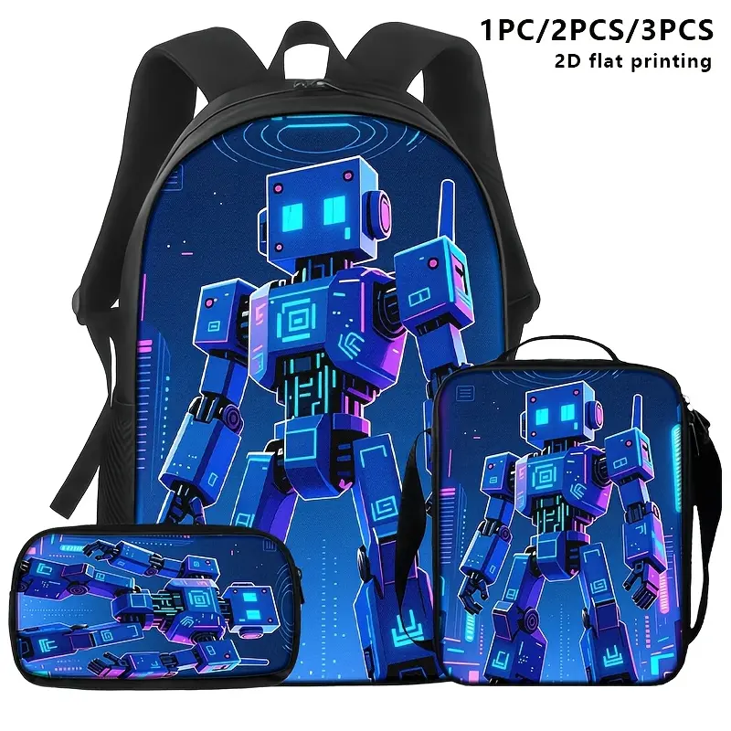 3 In 1 Dark Deep Blue Futuristic Cyber Tech City Background Vibrant Cyan Purple Neon Glow Circuit Line Square Block Robot Backpack Set, Glowing Geometric Mechanical Mech Sci-Fi Tech Graphic Print Large Capacity School Bookbag with Insulated Thermal Lunch