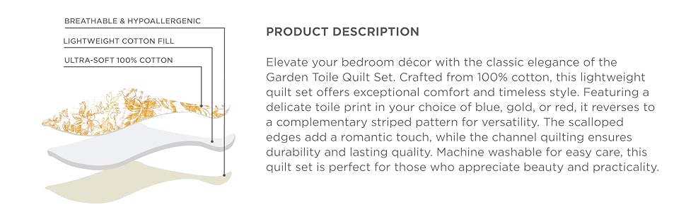 Toile 3-Piece Reversible Set - Lightweight Coverlet Set, Floral Vintage Quilted Bedding Set with 2 Shams, All, Full Queen Size, Blue |   Breathable, Reversible, Lightweight