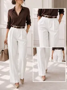 Women's High-Waisted Wide-Leg Woven Pants, Elegant Pleated Suit Pants with Pockets, Casual Slim Fit Business Commute Wear