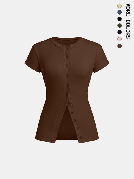 Women's Solid Color Button Basic Tee, Casual Short Sleeve Round Neck T-shirt for Daily Wear, Ladies Clothes for All Seasons