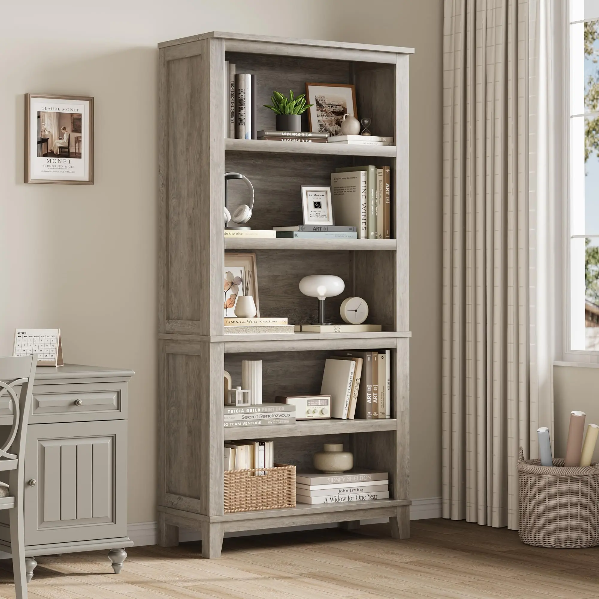 Gaomon Wooden Bookcase 5 Tier Storage Bookshelf Farmhouse Bookshelves Rustic Vintage Etagere Walnut Cabinet for Home Office,Living Room,Bed Room,White