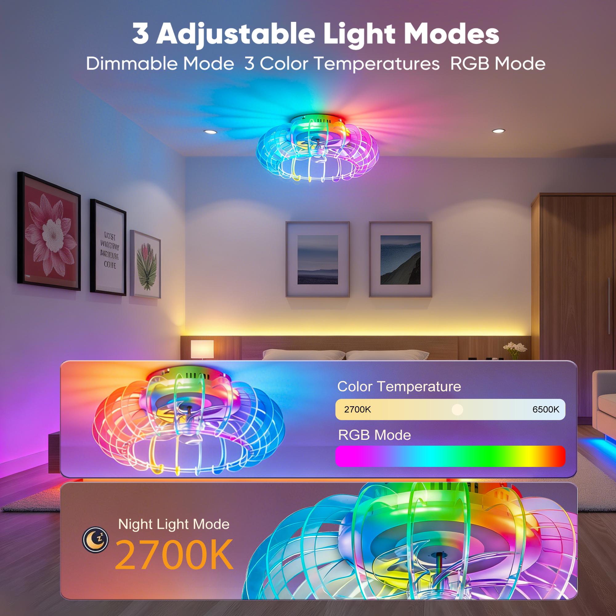 21'' Low Profile Bladeless Ceiling Fan with Lights Dimmable LED Enclosed Ceiling Fans with Light and Remote 6 Wind Speeds Reversible Ceiling Fan with Bluetooth Speaker for Kids Room Bedroom Party