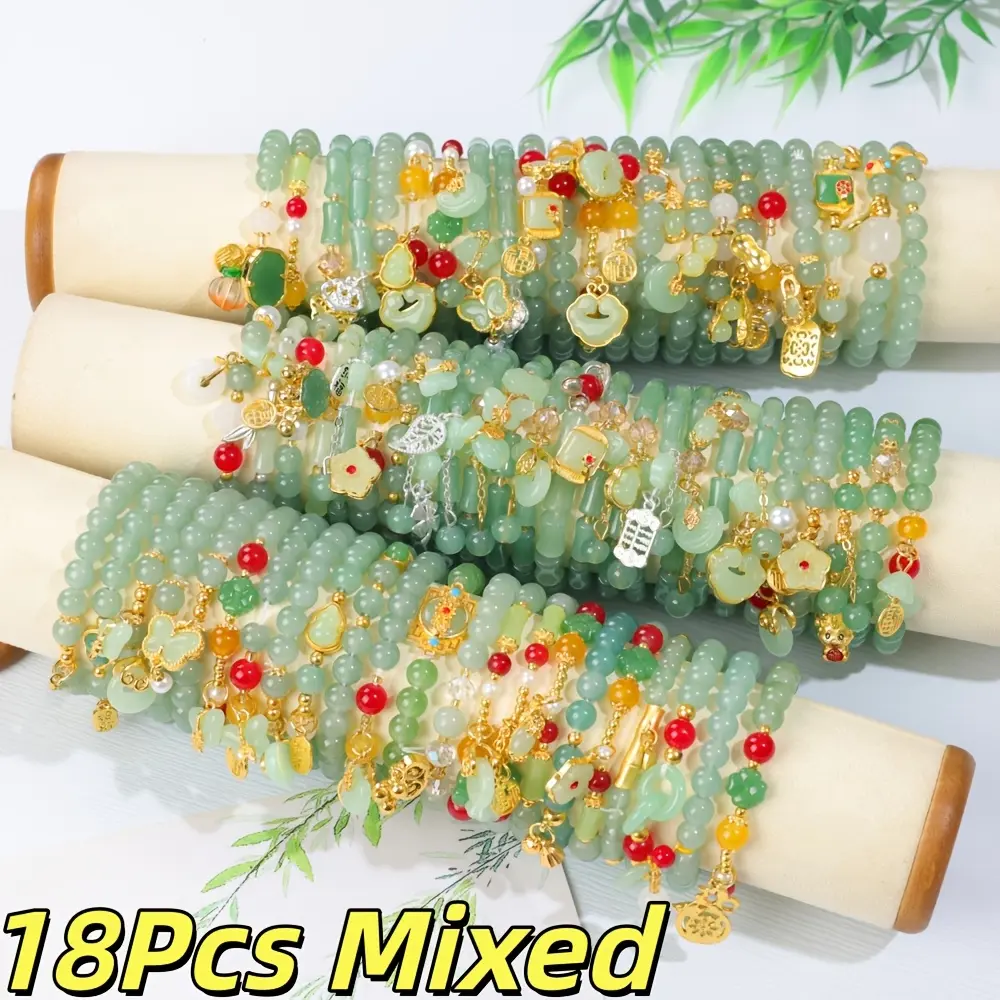 18Pcs Stylish Green Glass Elastic Bracelets Set - with Butterfly Flower Peanut Charm, Perfect for Women Daily Wear Anniversaries, Gift-Giving