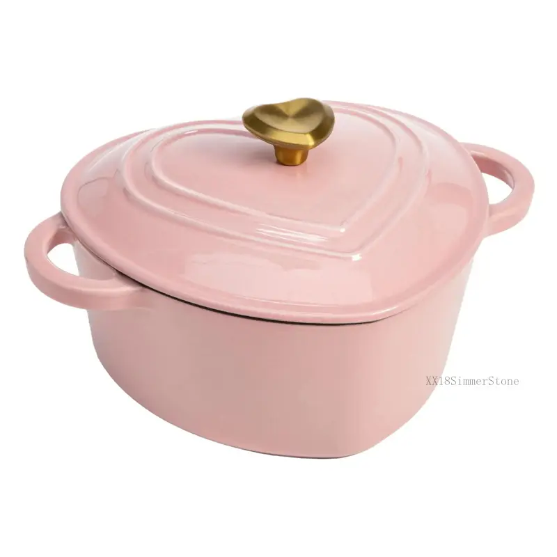 Enameled Cast Iron Dutch Oven Heart-Shaped Pot with Lid, Dual Handles, Works on All Stovetops, Oven Safe to 500°F, 2-Quart, Pink Cookware XX18SimmerStone