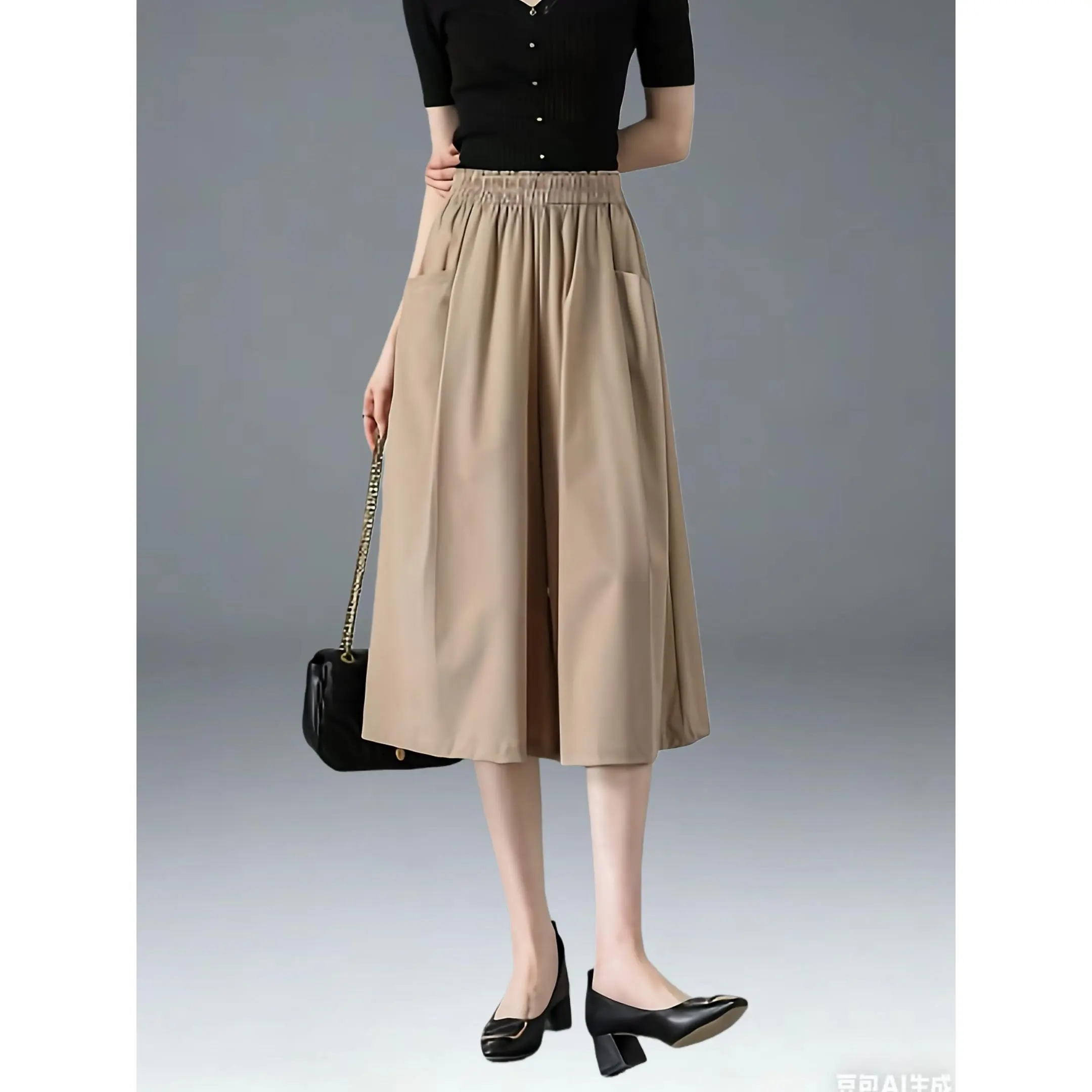 Women's Baggy Culottes, Casual Solid High-Waist Wide Leg Bottoms with Pockets, Woven Polyester for Spring Summer, Loose, Fabric, Pants
