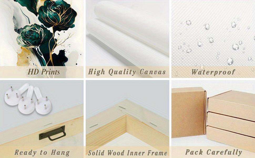 3Pcs Framed Emerald Green Wall Art, Modern Green and Golden Abstract Marble Canvas Wall Art Paintings Prints Posters Wall Decor Pictures for Living Room Bedroom Office Home Decoration, Ready to Hang