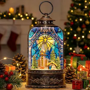 Musical Snow Globe Lantern Lighted Church with Nativity Scene Swirling Glitter Water Lantern Christmas Home Decoration Gift, Battery Operated or USB Powered