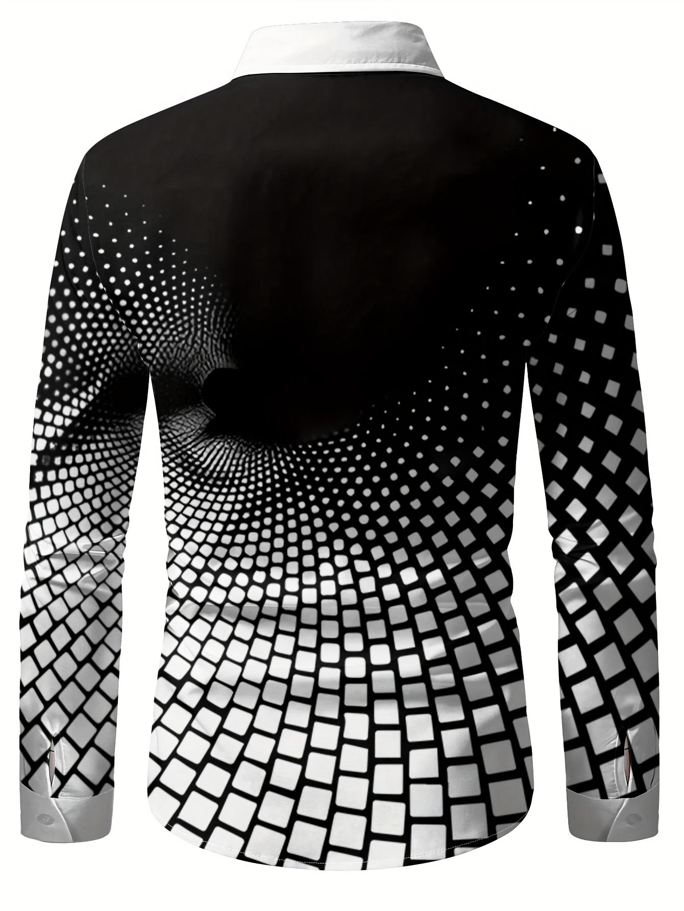 Men's Stylish Black & White Geometric Print Button-Up Shirt - Breathable Long Sleeve Casual Dress Shirt for Spring/Fall, Polyester Fabric, Eye-Catching Design, Autumn Fashion Top |     Modern Casual Shirt |     Smooth Texture Shirt233