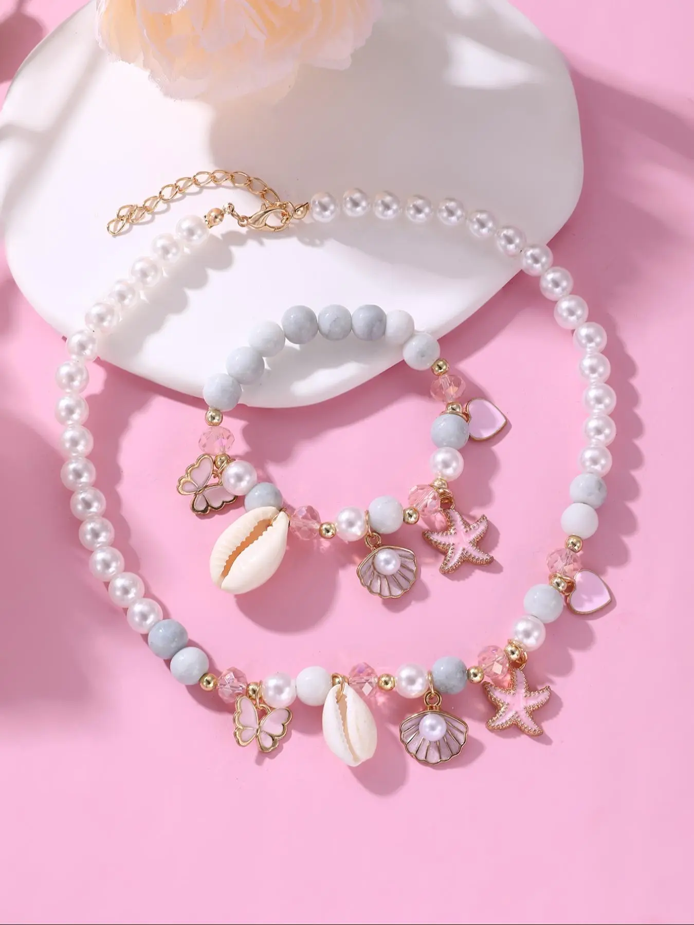Cute Mermaid/Flower Themed Beaded Necklace And Bracelet Set, Faux Pearls & Heart Decor Fashion Jewelry for Party, Daily Clothing Decor, Trendy All-match & Exquisite Jewelry for Gift