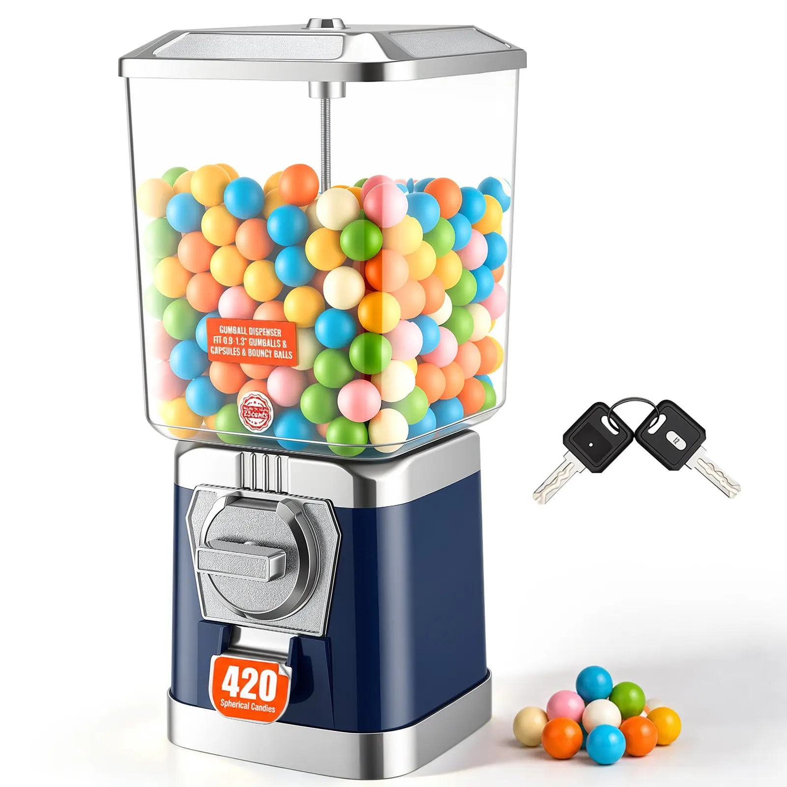 【Black Friday】Coin-Op Retro Look Gumball Machine for Kids, 17"H PC Plastic Candy Vending Machine with Candy Fun, Home & Game Store Dispenser for Toy Capsules, Bouncy Balls, Blue