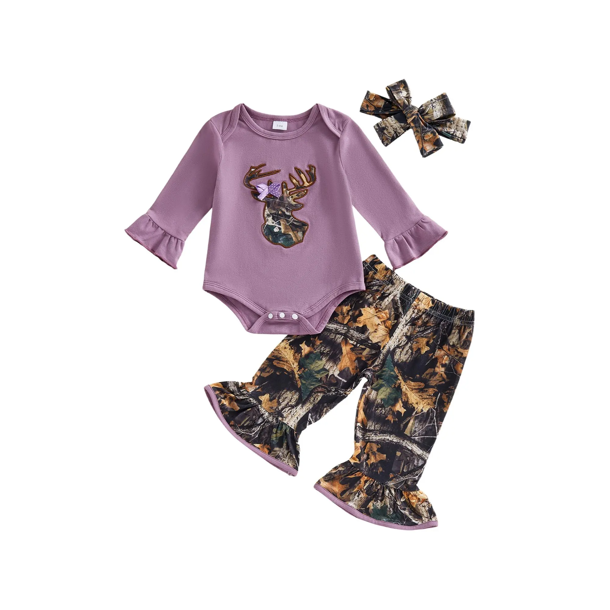 Shingpp Newborn Baby Girl Hunting Outfit Deer Print Long Sleeve Romper Jungle Camo Print Flare Pants 3 Piece Fall Winter Clothes Set For Girls 0-18m