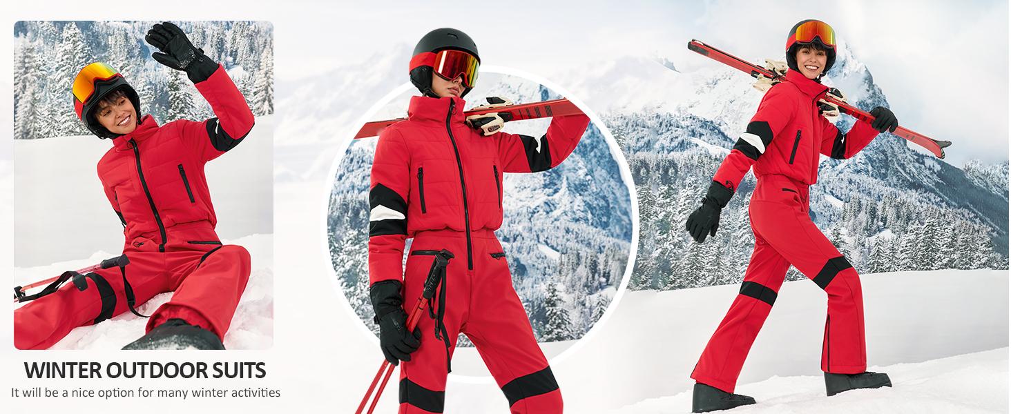 Yousify Womens Onesie Ski Suit Winter Outdoor Sports Warm Waterproof Snowsuit Color Block Jumpsuits Snow Jackets