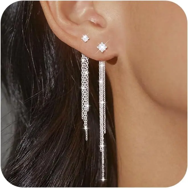 Plated Dangle Earrings for Women, Dainty Long Dangling Chain Earrings Trendy Dangly CZ  Threader Tassel Earrings Drop  for Women Lady   Prom Dating Party Wedding