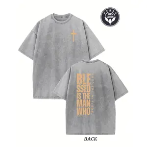 Heavyweight 230G Vintage Christian T-Shirt Blessed Are Those Who Trust in The Lord Cross Design Beige Washed Double-Sided Front Back Print Loose Fit Unisex
