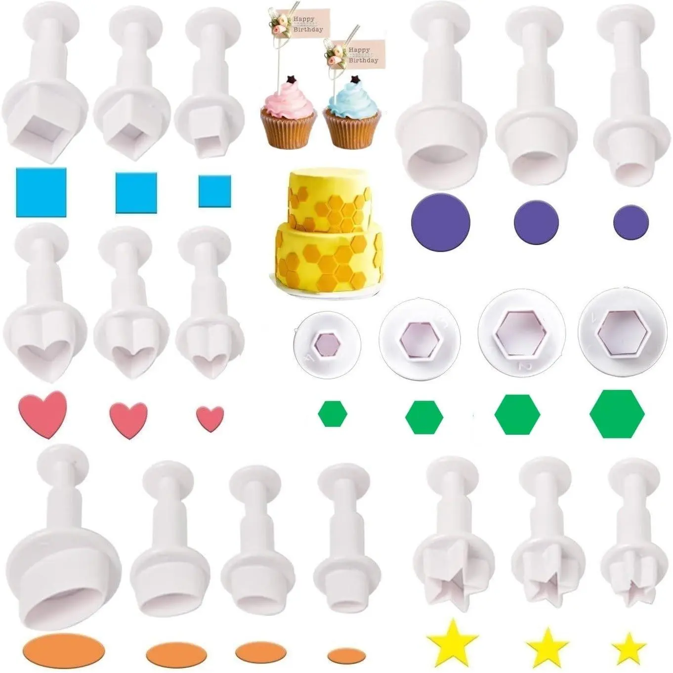 20 count Cookie Cutters,Fondant Cake Cookie Plunger ,Mini Plastic Biscuit Plunger Fondant Decorating Mold Heart Square Oval Circular  Hexagon Cutters