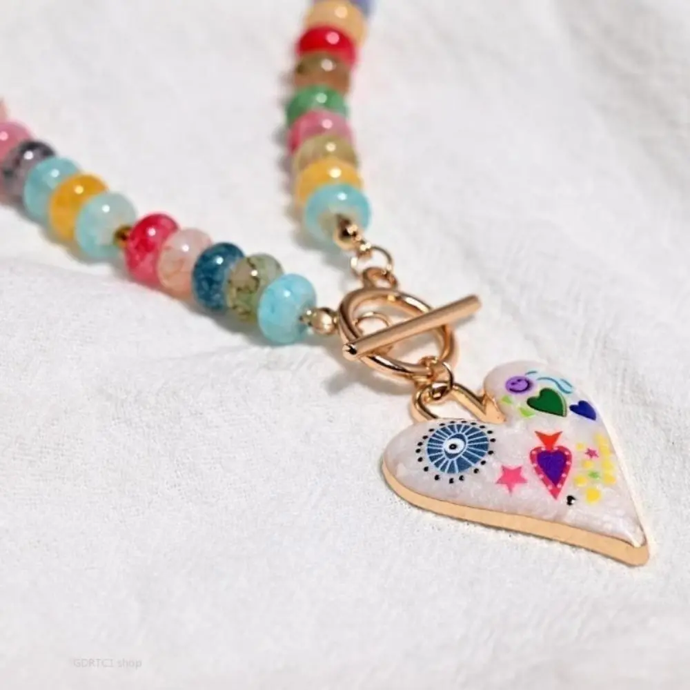Women's Vintage Beaded Statement Necklace - Colorful Glass Crystal, Heart Pendant, Comfortable Retro Style, Toggle Clasp for Casual Outfits, Female, Lightweight, Beaded Necklace, Casual Wear, Elegant, Daily, Rainbow, Glass Bead