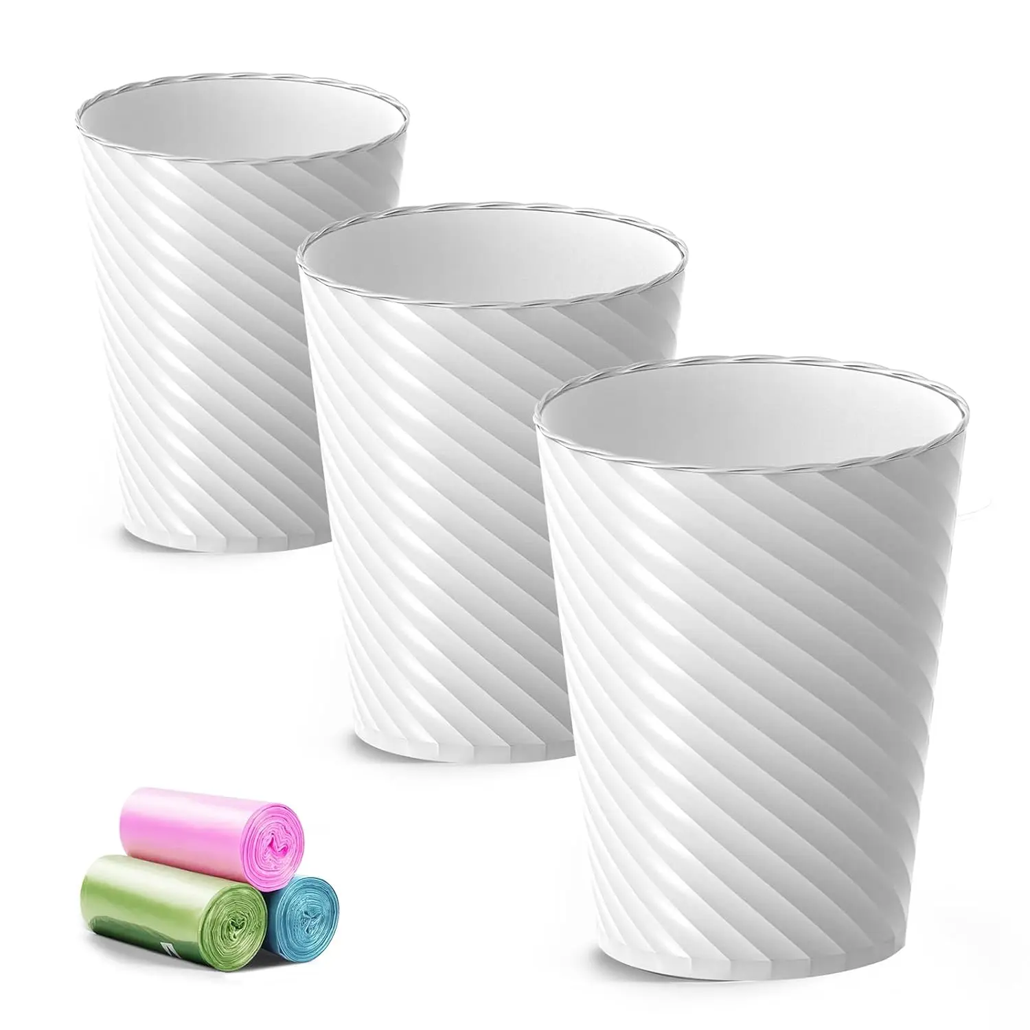 Bathroom trash can, set of 3, 1.8-gallon small trash can, with trash bags, bathroom waste bin, plastic trash can, round waste paper basket, suitable for living room, bedroom, office, kitchen, small spaces (white)