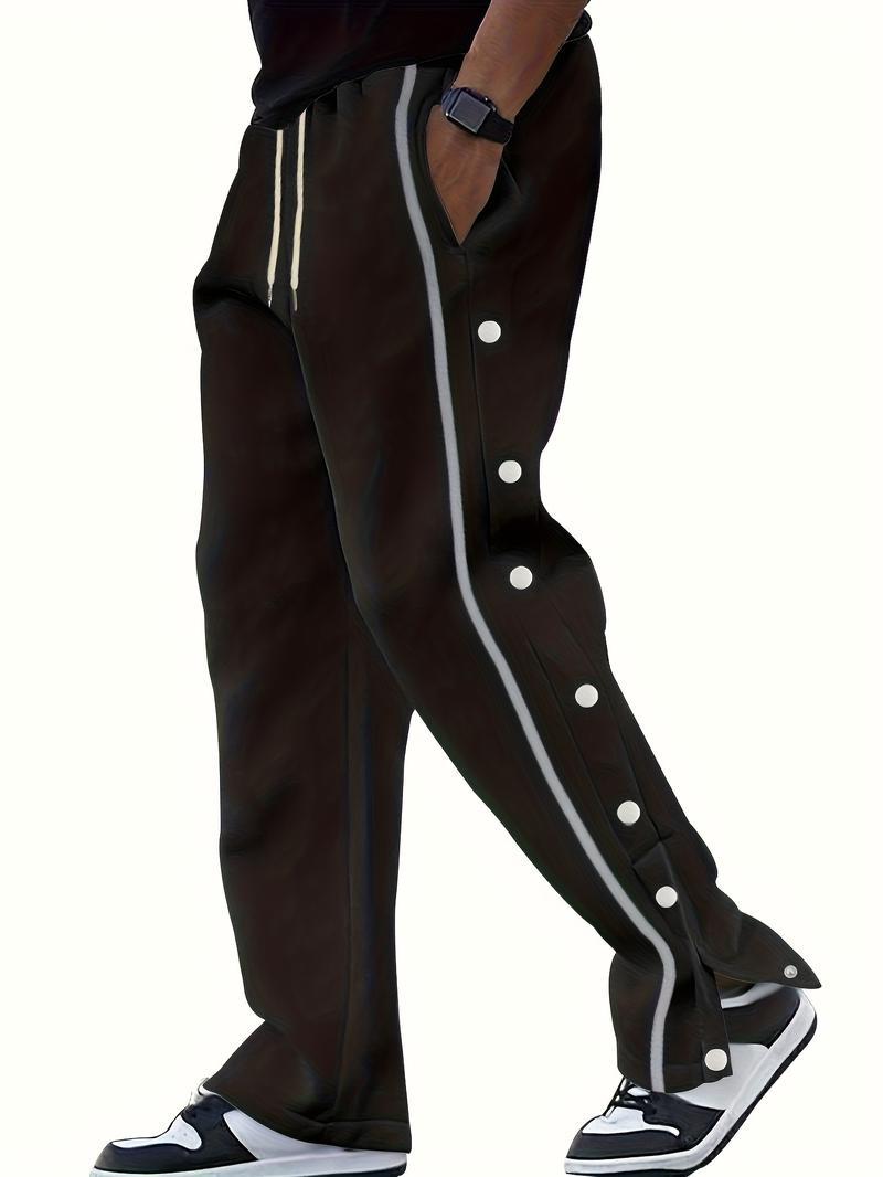 Men's Casual Polyester Pants, Solid Color, Side Stripes and Button Details, Regular Fit, Drawstring, Suitable for All Seasons, Comfortable and Fashionable for Adults