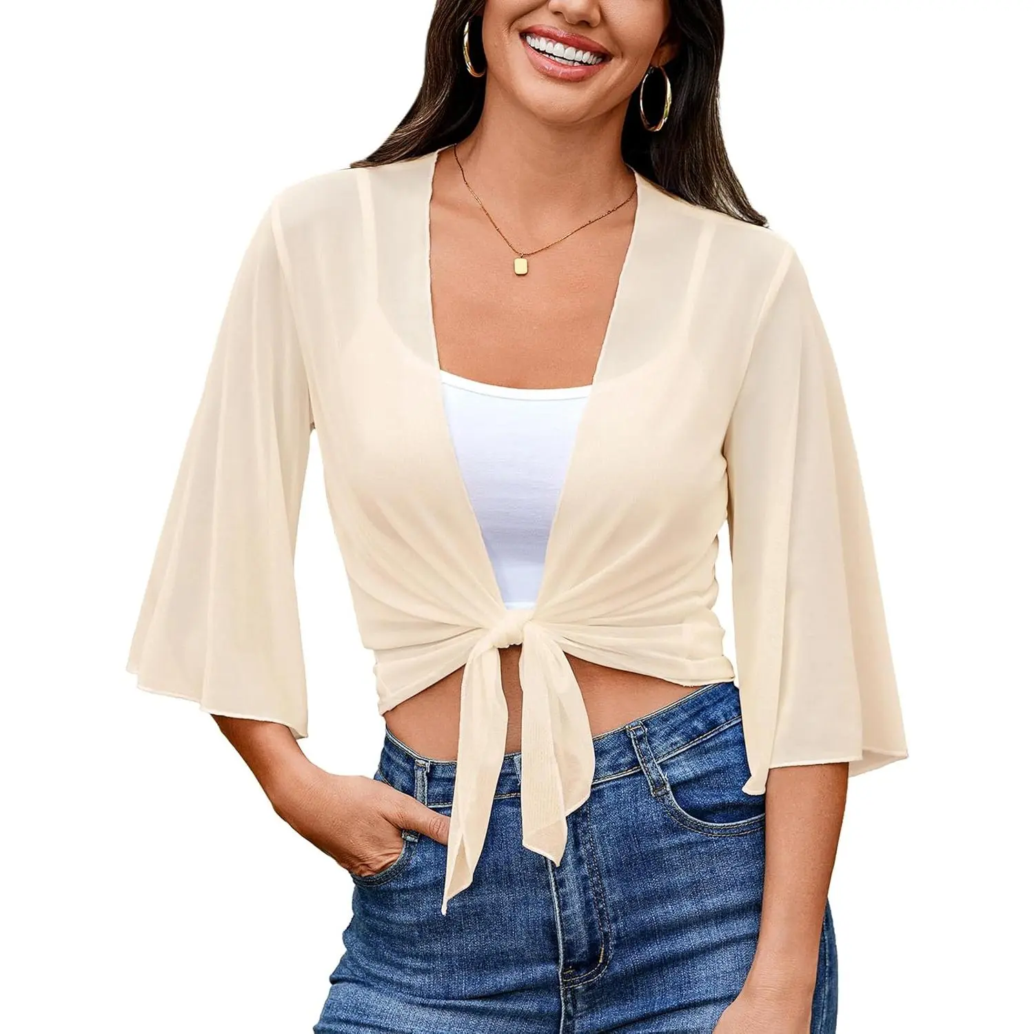 Women's Sheer Bolero Shrug, Cropped Tie-Front Cardigan with 3/4 Bell Sleeves - Lightweight Everyday and Formal Style Sweaters, Shawl, Mesh, Cocktail, Polyester, Flared