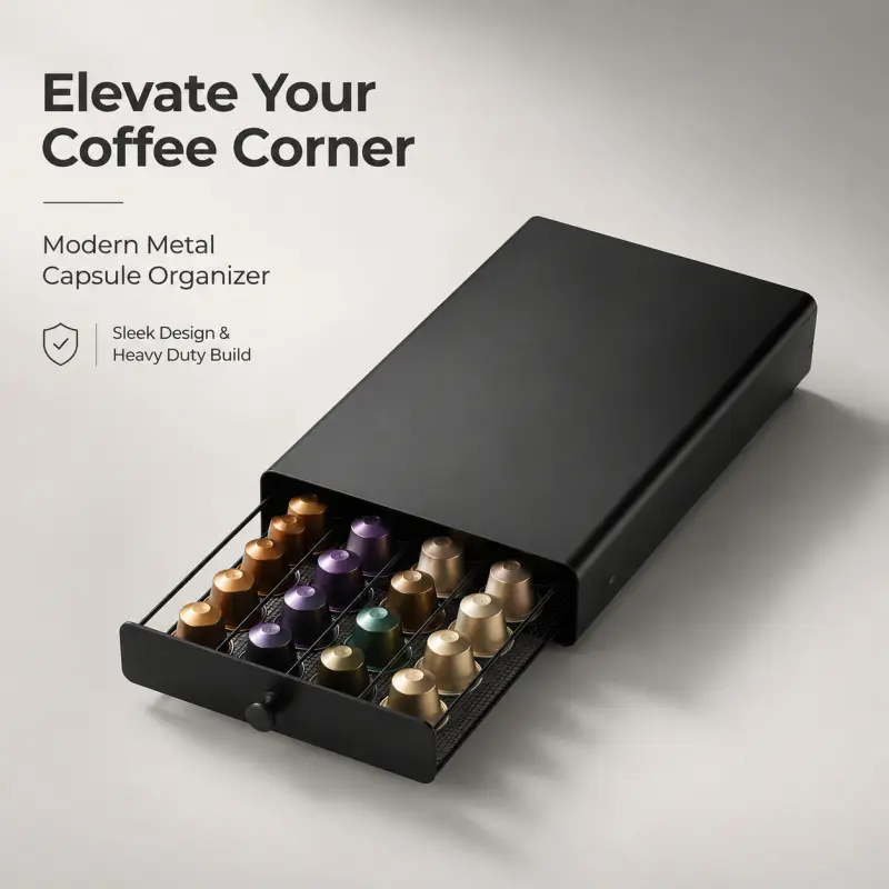 sleek black metal coffee capsule drawer organizer heavy duty slide out nespresso pod storage drawer modern countertop coffee station accessory Coffee Accessories
