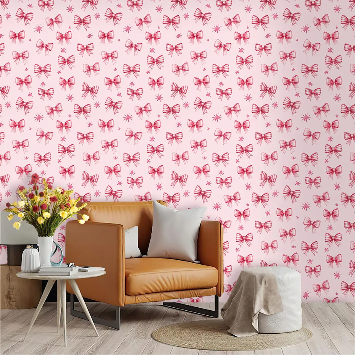 1 roll of pink sweet bow and star-patterned cyclic spliced wallpaper made of PVC, with adhesive on the back, suitable for furniture decoration, kitchen/living room/bedroom/wall decoration