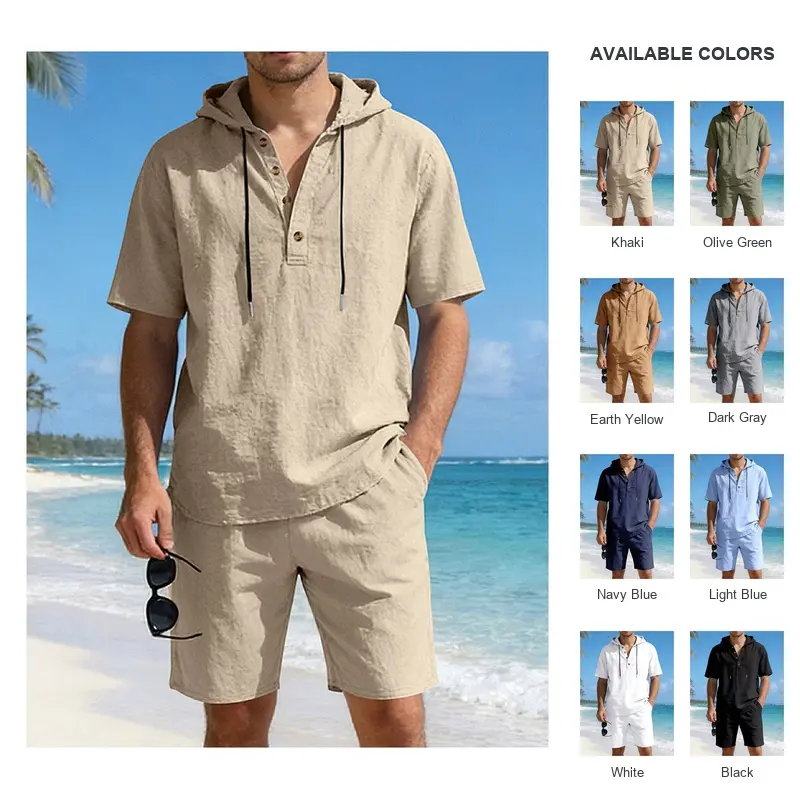Men's 2 Piece Summer Linen Outfit Set, Loose Hooded Henley Short Sleeve Shirt & Casual Shorts, Breathable Lightweight Matching Tracksuit for Beach Vacation Daily Outdoor Street Leisure Wear