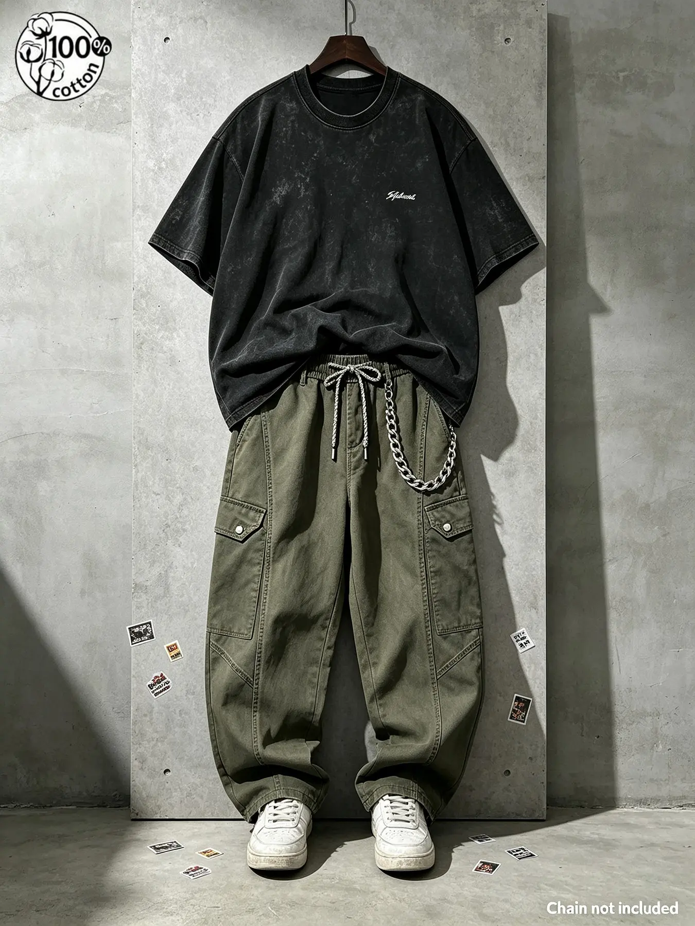 Unisex Washed Black 100% Cotton Mini Logo Short Sleeve Tee + Army Green Drawstring Multi-Pocket Cargo Wide Leg Pants Set American Vintage Workwear Casual 2 Piece Outfit