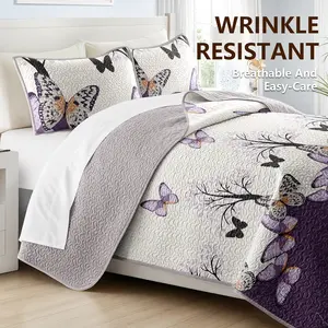 2/3 Pcs Purple Watercolor Butterfly Quilt Set, Lightweight Cooling Bedspread Coverlet, Soft Skin-Friendly Bedding with Pillow Shams, Reversible Easy Care Bed Cover for All Seasons