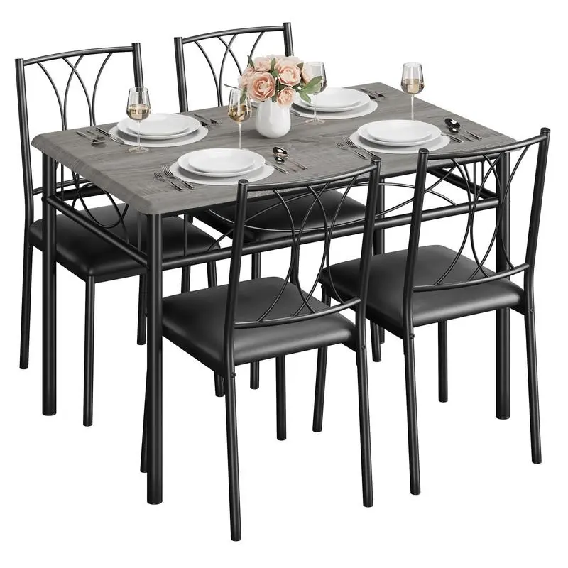 GARVEE Retro Gray 5-Piece Upholstered Dining Furniture Set - Rectangular MDF Top Wood Finish Table, 4 Double-C Backrest Upholstered Dining Chairs, Heavy-Duty Thick Frame Metal Base, Additional Brackets, Supports Up to 450 lbs, for Studio, Kitchen