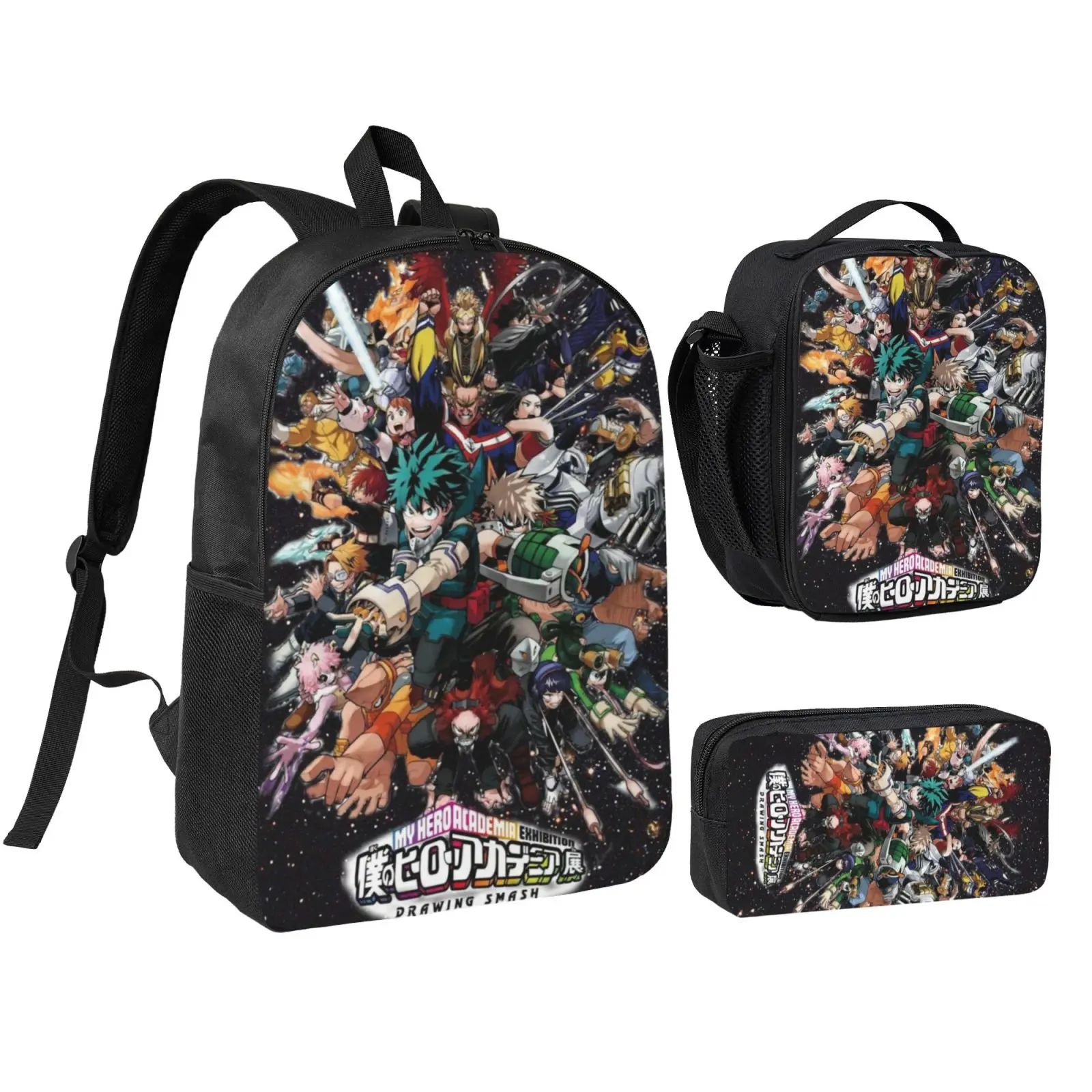 Anime My Hero Academia 3Pcs School Backpack Set for Teen Boys Girls, Adjustable Shoulder Straps Lightweight Bookbag with Insulated Lunch Bag & Pencil Case, School bag, Travel Office Daily Bag