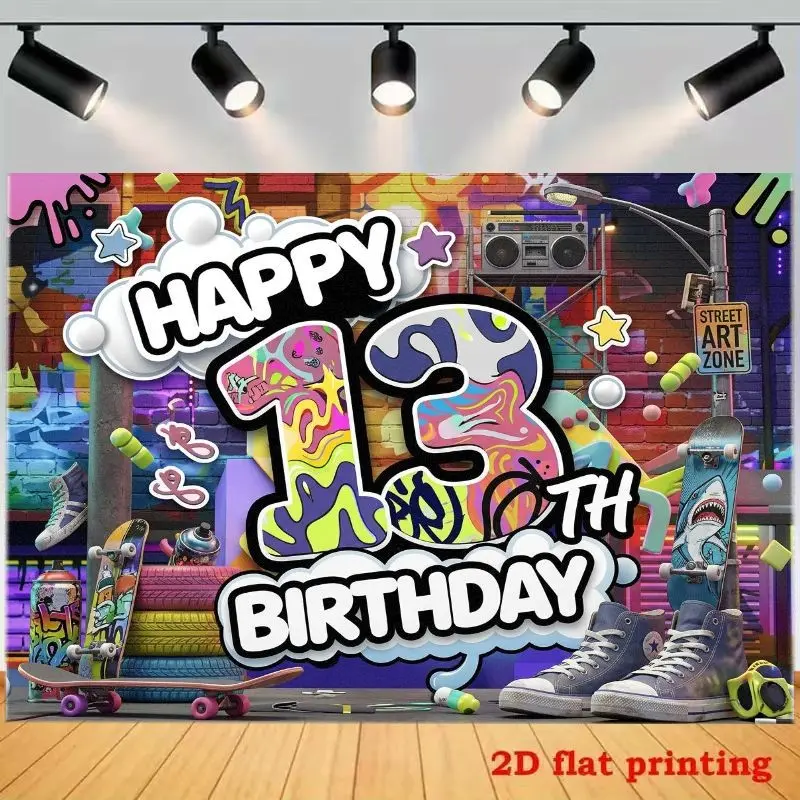 1PC 2D Flat Street Graffiti Skateboard 13th Birthday Party Backdrop, Polyester Material, Suitable for Living Rooms, Bedrooms and Offices, Trendy Home Decor, Indoor & Outdoor Party Photography Background, Birthday Party Supplies