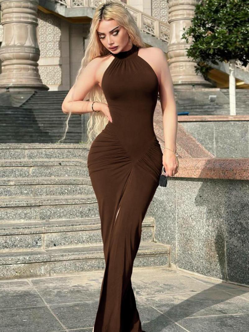 Women's Solid Ruched Halter Neck Bodycon Dress, Elegant Fashion Sleeveless Split Hem Dress for Party Club Dating Wear, Women Dress for Summer, Bodycon Side Slit