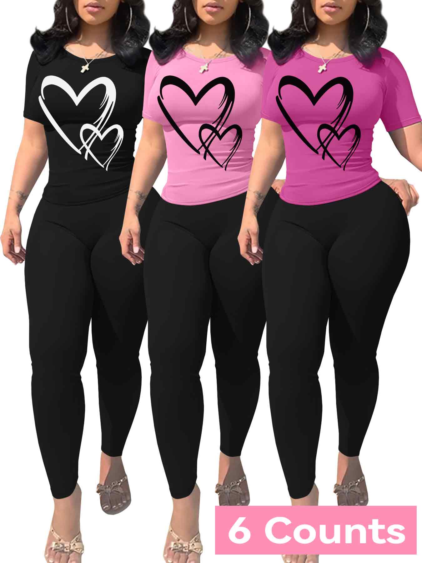 Women's Heart Print Crop Tee & Skinny Pants Set, Casual Short Sleeve T-shirt & Leggings, Ladies Summer Everyday Clothes for Daily Wear, Fit, Womenswear, Polish