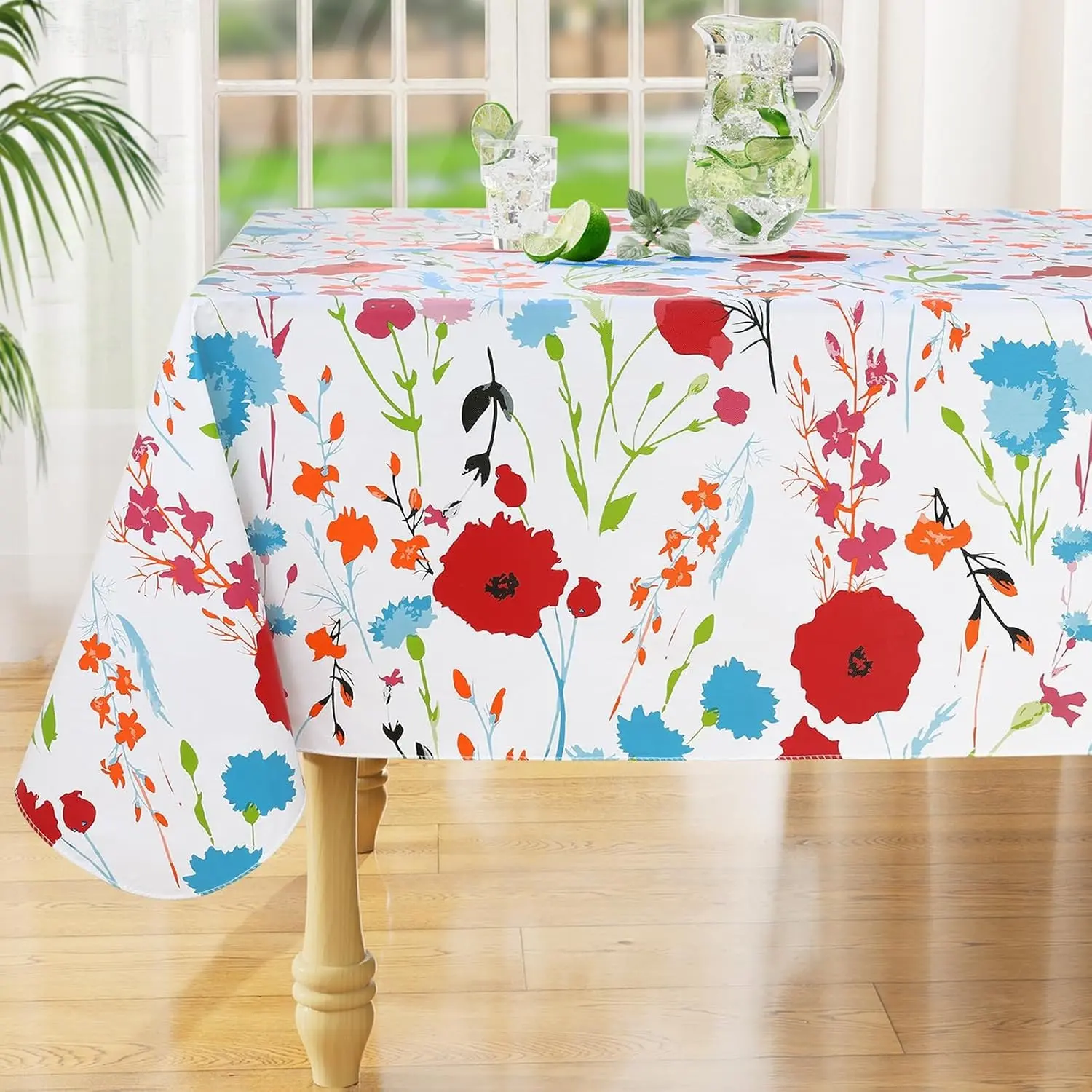 Rectangle Waterproof Vinyl Table Cloth, Wipeable Tablecloth with Flannel Backing, Plastic Table Cover for Dinner, Picnic, Indoor and Outdoor (Flowers, 52" x 70")