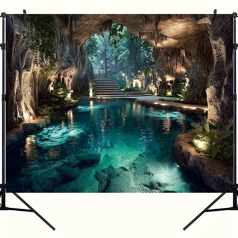 1pc 8x6ft Fabric Ocean Cave Backdrop, Turquoise Ocean Blue Water & Lush Green Pool Horizontal Tapestry, 1-Piece Easy-Install Home Decor Wall Hanging Home Supply for Parties
