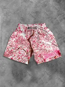 Cherry Blossom Print Gym Shorts, American Street Style, Breathable Quick-Dry Drawstring Beach Pants, Unisex Casual Wear