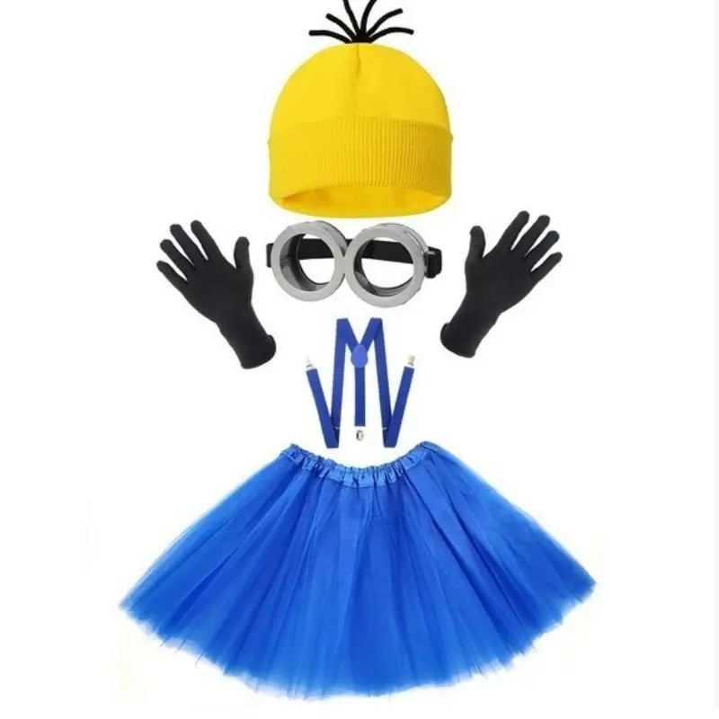 5-Piece Girl Minnie Dress Set, Knit Hat with Antenna Goggles, Gloves, Blue Strapless Tutu Dress, Halloween Party Costume