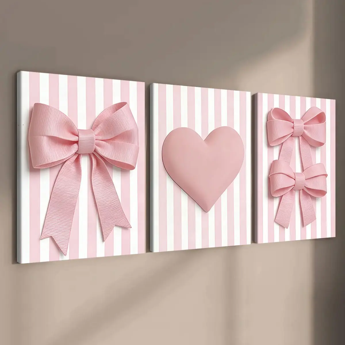 3-Piece Unframed Canvas Art, Striped Bow Heart Trio, Modern Home Decor, Waterproof Wall Art, Living Room & Bedroom Poster